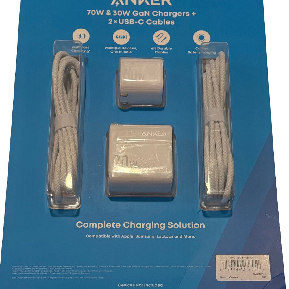 ANKER WALL CHARGER MULTI USB C CHARGERS OUTLET PHONE POWER PLUG 70W 30W 2 PACK - Picture 2 of 9